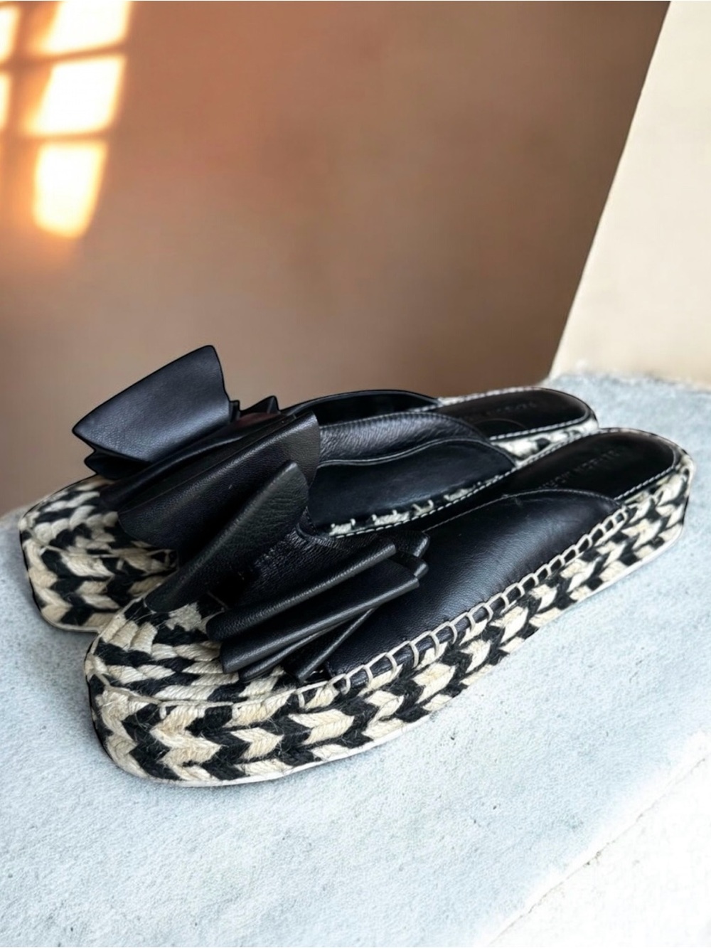 Sigerson Morrison Verane Bow Platform Sandals Black Leather Espadrille Slides